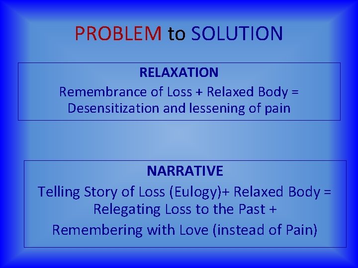 PROBLEM to SOLUTION RELAXATION Remembrance of Loss + Relaxed Body = Desensitization and lessening