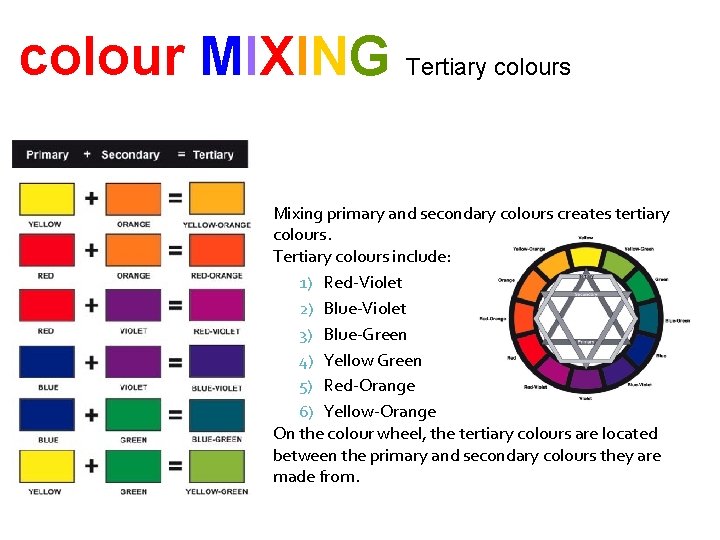 colour MIXING Tertiary colours Mixing primary and secondary colours creates tertiary colours. Tertiary colours