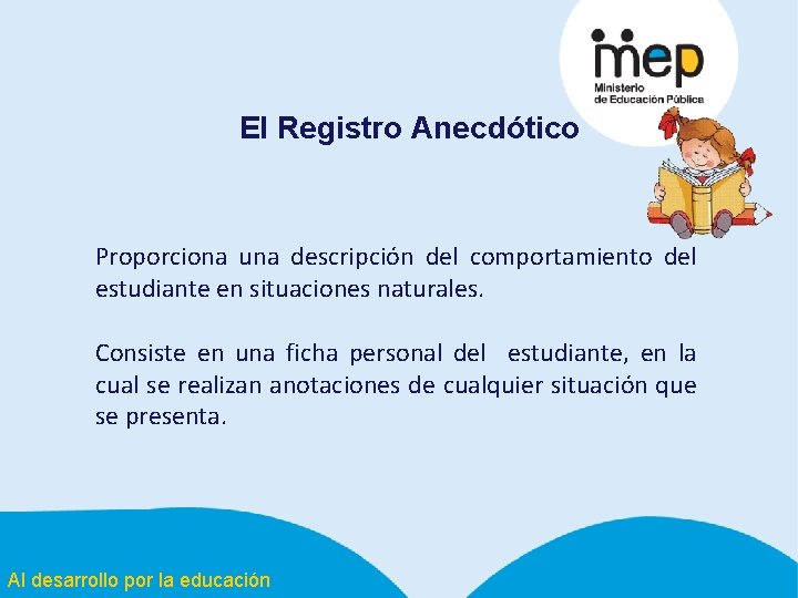 El Registro Anecdótico Proporciona una descripción del comportamiento del estudiante en situaciones naturales. Consiste