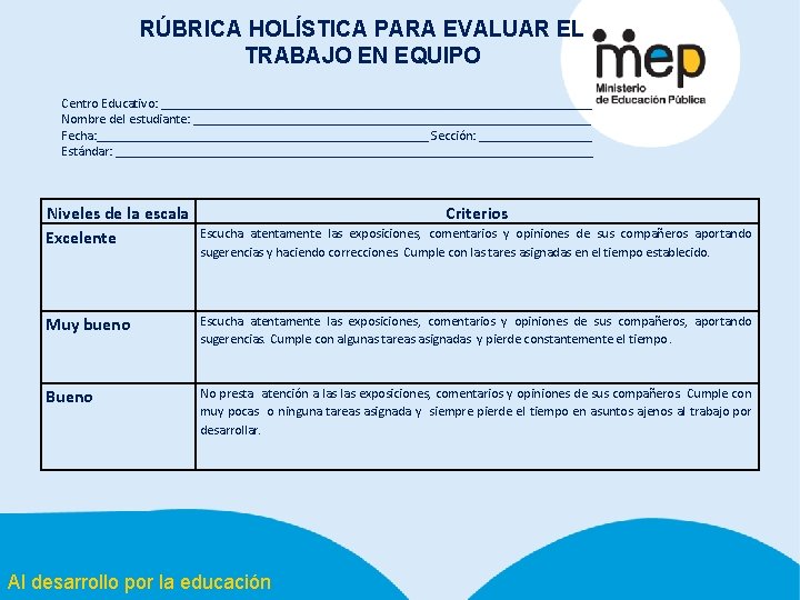 RÚBRICA HOLÍSTICA PARA EVALUAR EL TRABAJO EN EQUIPO Centro Educativo: _________________________________ Nombre del estudiante: