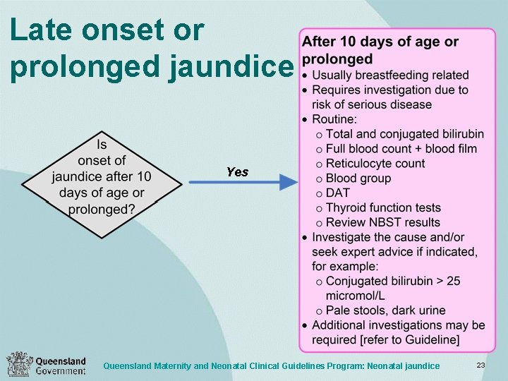 Late onset or prolonged jaundice Yes Queensland Maternity and Neonatal Clinical Guidelines Program: Neonatal