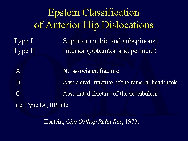 Epstein Classification of Anterior Hip Dislocations Type II Superior (pubic and subspinous) Inferior (obturator