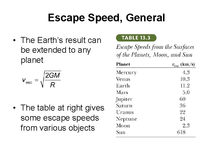 Escape Speed, General • The Earth’s result can be extended to any planet •