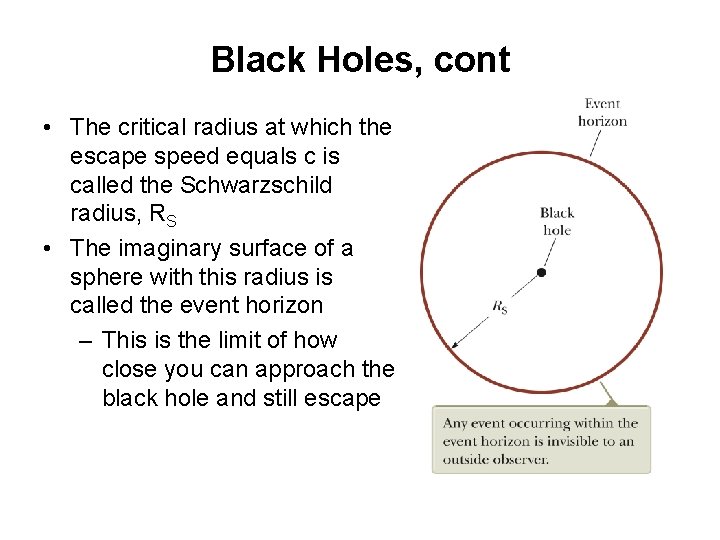 Black Holes, cont • The critical radius at which the escape speed equals c