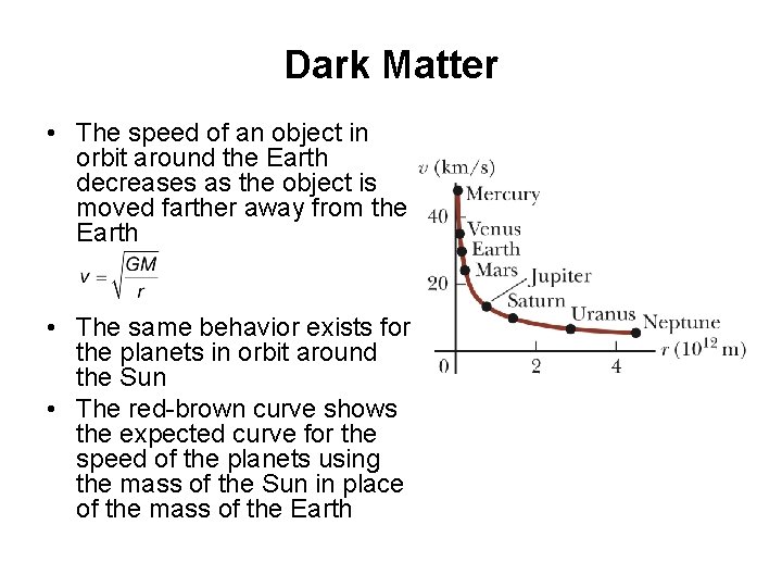 Dark Matter • The speed of an object in orbit around the Earth decreases