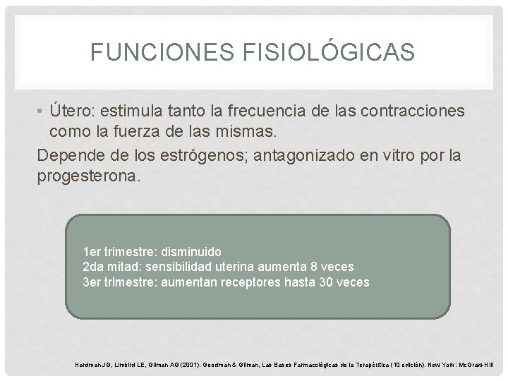 FUNCIONES FISIOLÓGICAS • Útero: estimula tanto la frecuencia de las contracciones como la fuerza FUNCIONES FISIOLÓGICAS • Útero: estimula tanto la frecuencia de las contracciones como la fuerza