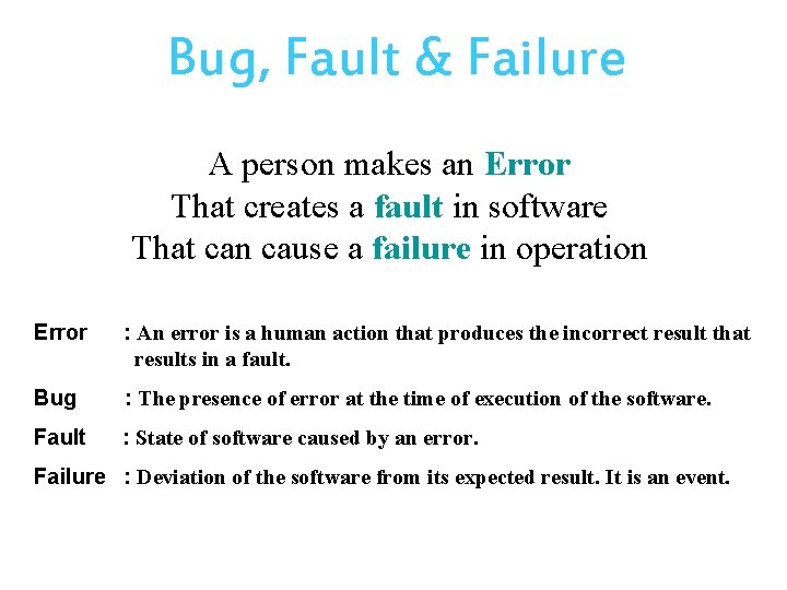 Bug, Fault & Failure A person makes an Error That creates a fault in