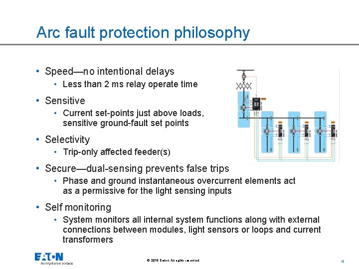 Arc fault protection philosophy • Speed—no intentional delays • Less than 2 ms relay