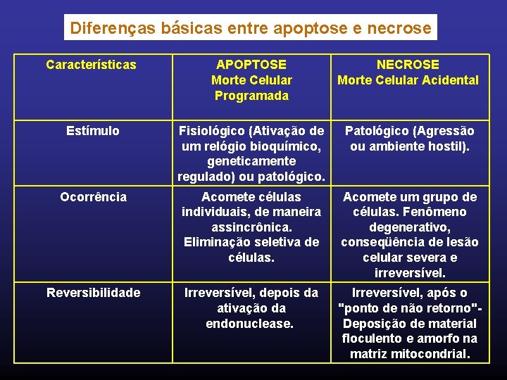 Diferenças básicas entre apoptose e necrose Características APOPTOSE Morte Celular Programada NECROSE Morte Celular