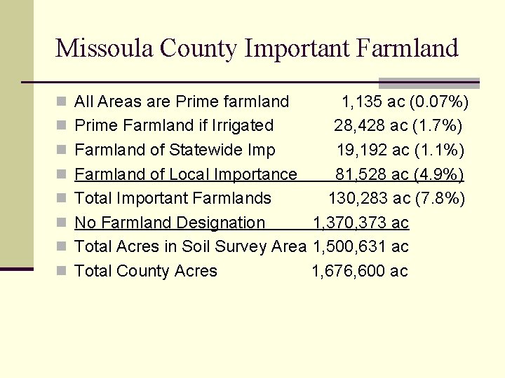 Missoula County Important Farmland n All Areas are Prime farmland n n n n