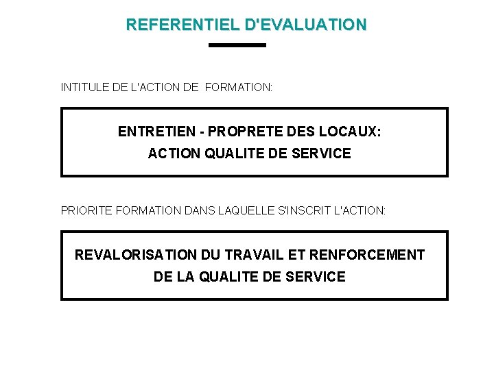 REFERENTIEL D'EVALUATION INTITULE DE L'ACTION DE FORMATION: ENTRETIEN - PROPRETE DES LOCAUX: ACTION QUALITE