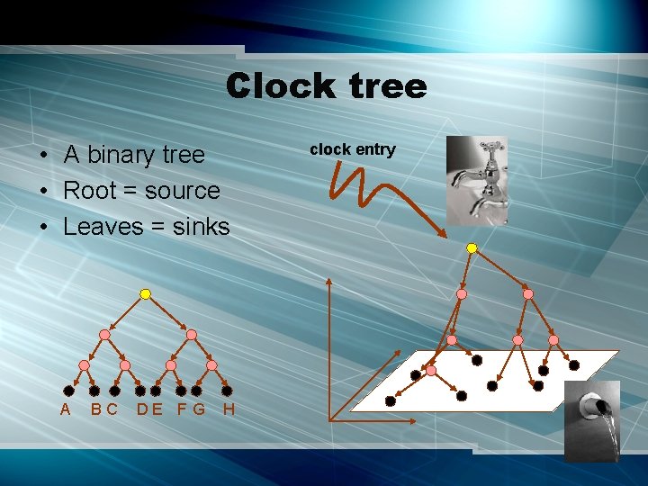 Clock tree • A binary tree • Root = source • Leaves = sinks