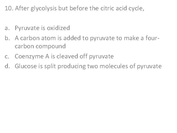10. After glycolysis but before the citric acid cycle, a. Pyruvate is oxidized b.
