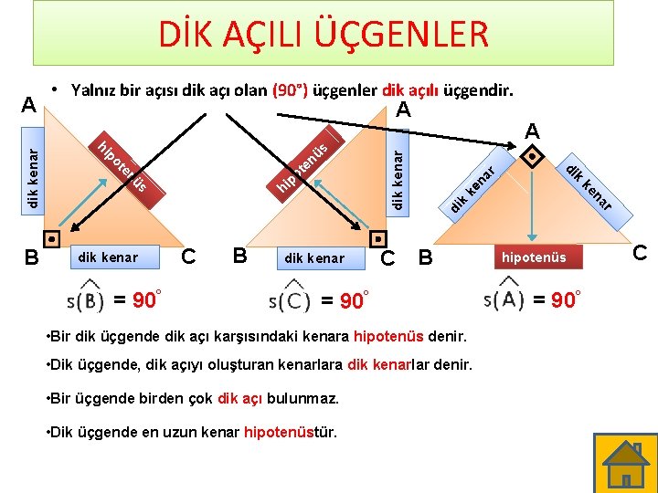 DİK AÇILI ÜÇGENLER dik kenar na r ke k di C B = 90°