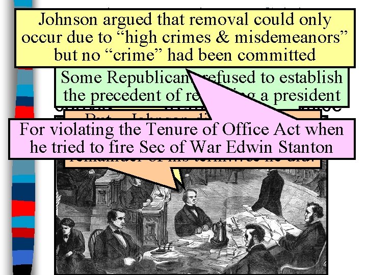 Impeachment Crisis Johnson. The argued that removal could only occur due to “high crimes