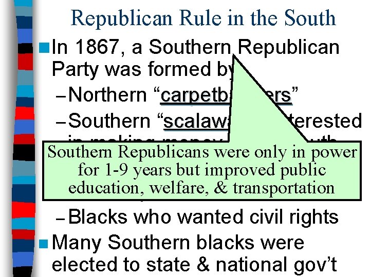 Republican Rule in the South n In 1867, a Southern Republican Party was formed