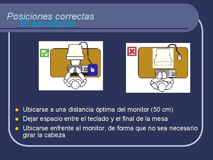 Posiciones correctas El escritorio Ubicarse a una distancia óptima del monitor (50 cm) l
