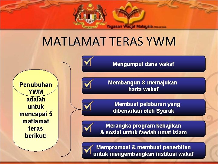 MATLAMAT TERAS YWM Mengumpul dana wakaf Penubuhan YWM adalah untuk mencapai 5 matlamat teras