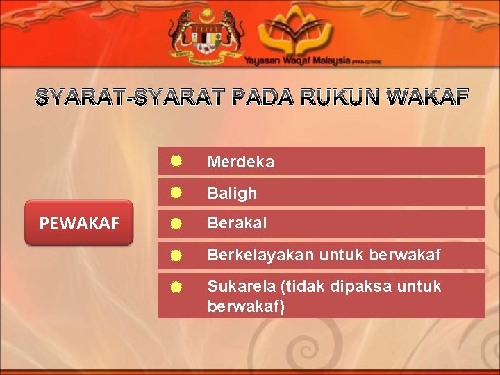 SYARAT-SYARAT PADA RUKUN WAKAF Merdeka Baligh PEWAKAF Berakal Berkelayakan untuk berwakaf Sukarela (tidak dipaksa