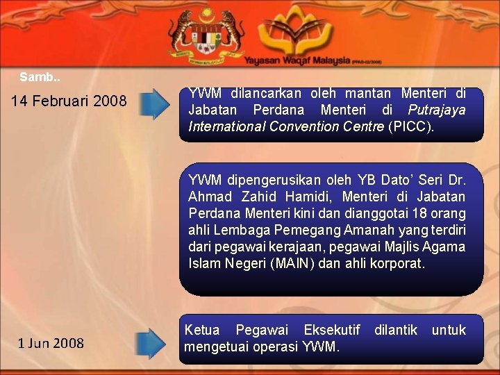 Samb. . 14 Februari 2008 YWM dilancarkan oleh mantan Menteri di Jabatan Perdana Menteri