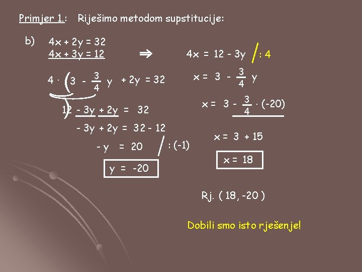 Primjer 1. : b) Riješimo metodom supstitucije: 4 x + 2 y = 32