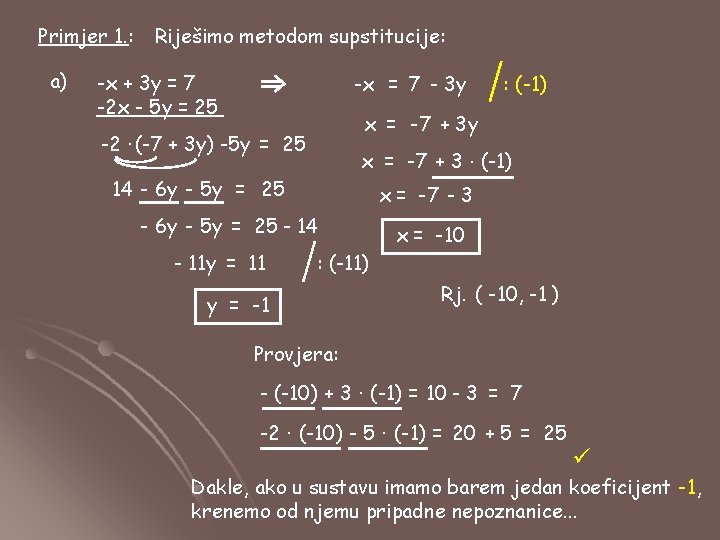 Primjer 1. : a) Riješimo metodom supstitucije: -x + 3 y = 7 -2