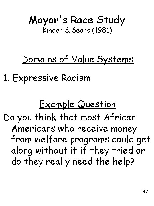 Mayor's Race Study Kinder & Sears (1981) Domains of Value Systems 1. Expressive Racism