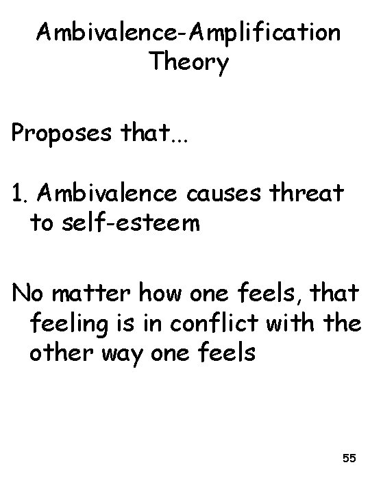 Ambivalence-Amplification Theory Proposes that. . . 1. Ambivalence causes threat to self-esteem No matter