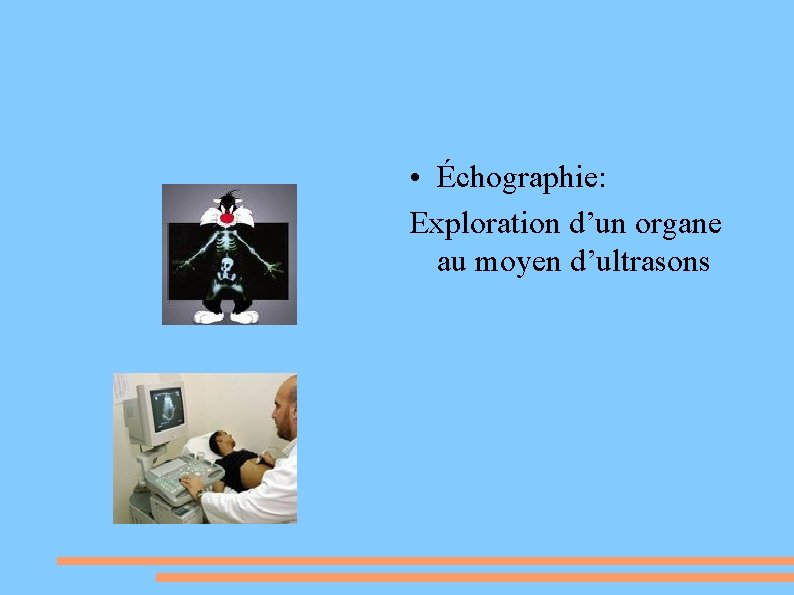  • Échographie: Exploration d’un organe au moyen d’ultrasons 