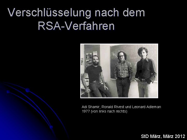 Verschlüsselung nach dem RSA-Verfahren Adi Shamir, Ronald Rivest und Leonard Adleman 1977 (von links