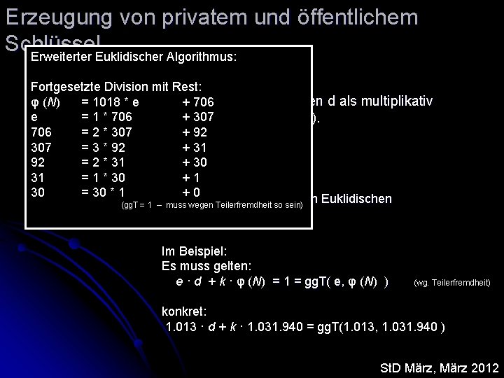 Erzeugung von privatem und öffentlichem Schlüssel Erweiterter Euklidischer Algorithmus: Fortgesetzte Division mit Rest: Berechne