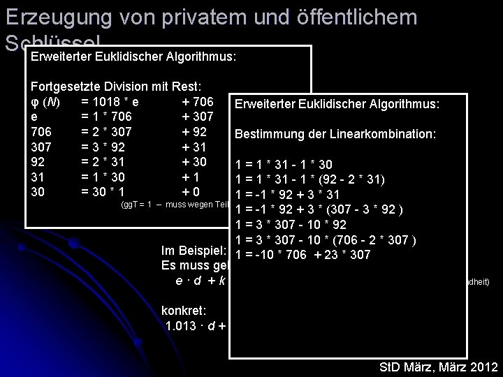 Erzeugung von privatem und öffentlichem Schlüssel Erweiterter Euklidischer Algorithmus: Fortgesetzte Division mit Rest: Berechne