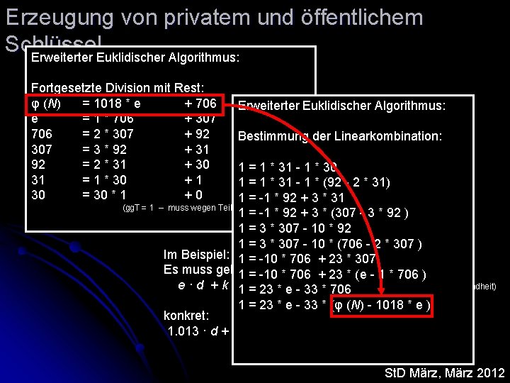 Erzeugung von privatem und öffentlichem Schlüssel Erweiterter Euklidischer Algorithmus: Fortgesetzte Division mit Rest: Berechne