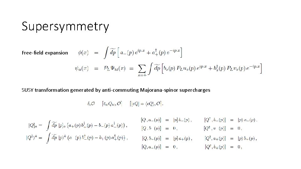 Supersymmetry Free-field expansion SUSY transformation generated by anti-commuting Majorana-spinor supercharges 