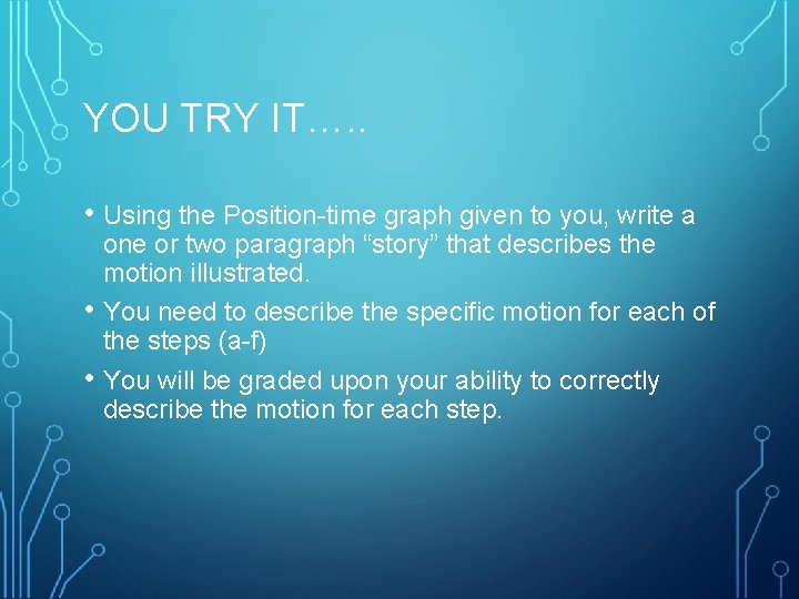 YOU TRY IT…. . • Using the Position-time graph given to you, write a