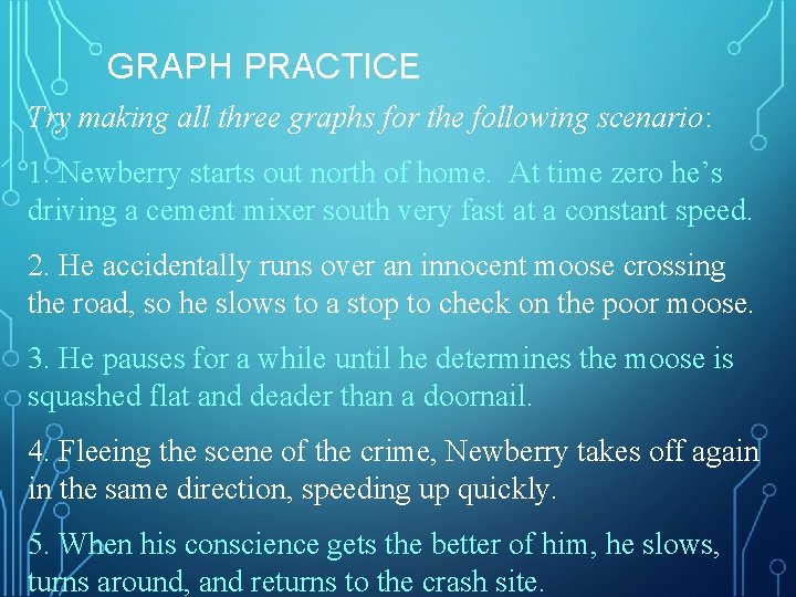 GRAPH PRACTICE Try making all three graphs for the following scenario: 1. Newberry starts