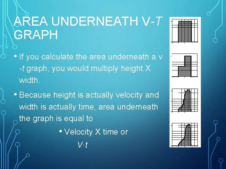 AREA UNDERNEATH V-T GRAPH • If you calculate the area underneath a v -t