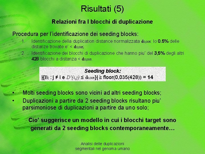 Risultati (5) Relazioni fra I blocchi di duplicazione Procedura per l’identificazione dei seeding blocks: