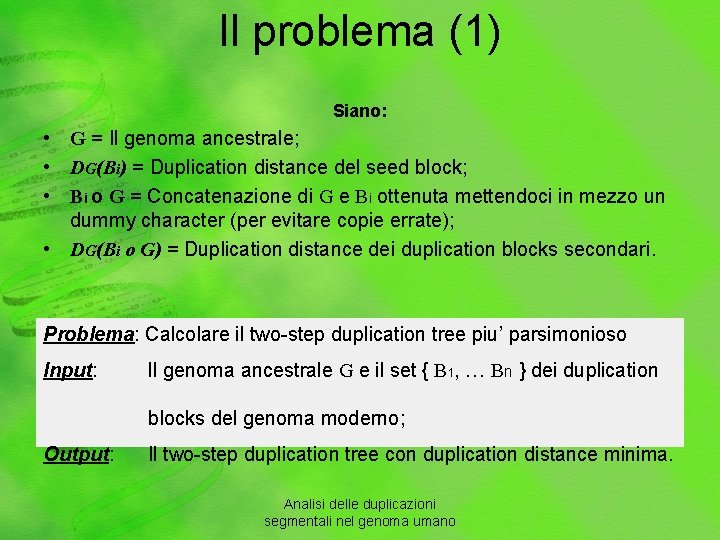 Il problema (1) Siano: • G = Il genoma ancestrale; • DG(Bi) = Duplication