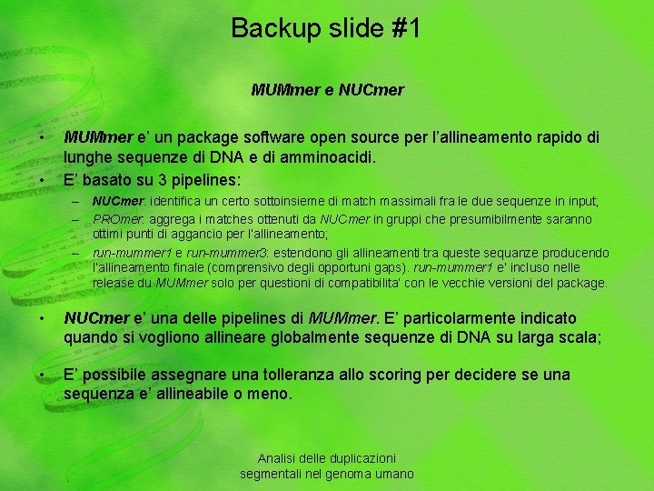 Backup slide #1 MUMmer e NUCmer • • MUMmer e’ un package software open