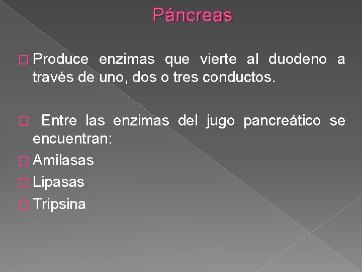 Páncreas � Produce enzimas que vierte al duodeno a través de uno, dos o