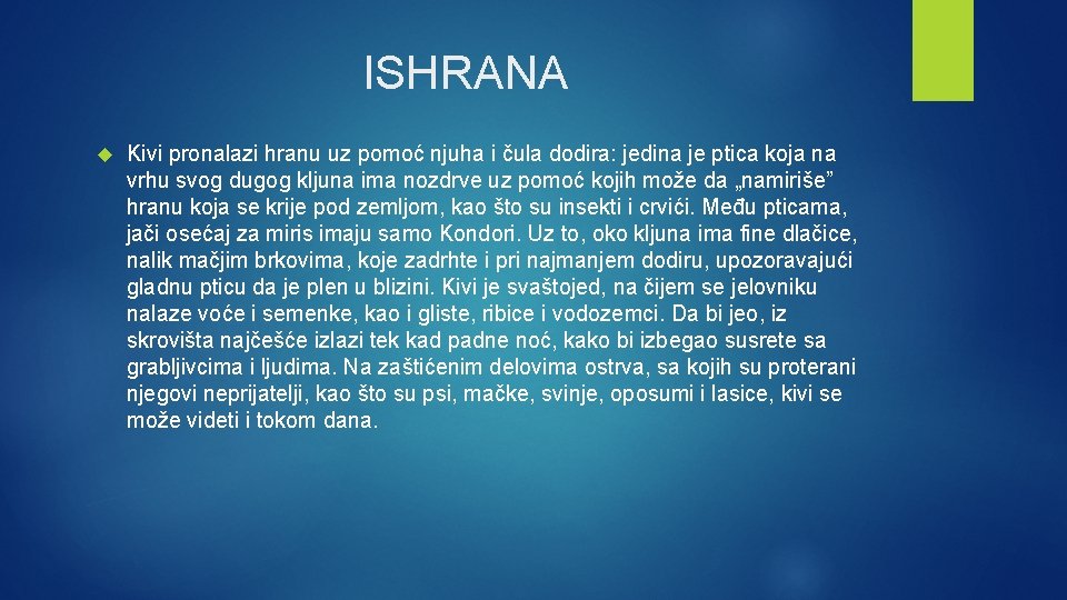 ISHRANA Kivi pronalazi hranu uz pomoć njuha i čula dodira: jedina je ptica koja