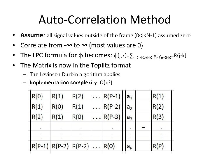 Auto-Correlation Method • • Assume: all signal values outside of the frame (0<j<N-1) assumed