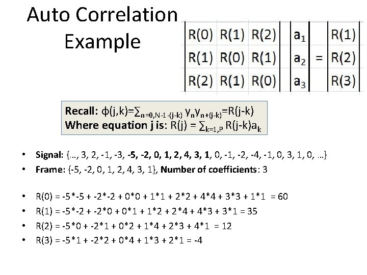 Auto Correlation Example Recall: φ(j, k)=∑n=0, N-1 -(j-k) ynyn+(j-k)=R(j-k) Where equation j is: R(j)
