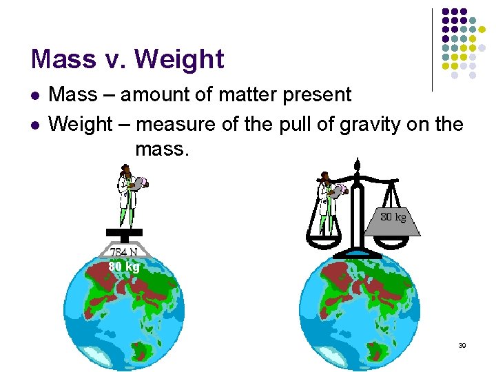 Mass v. Weight l l Mass – amount of matter present Weight – measure