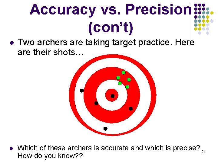 Accuracy vs. Precision (con’t) l Two archers are taking target practice. Here are their