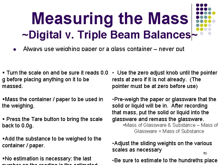 Measuring the Mass ~Digital v. Triple Beam Balances~ l Always use weighing paper or