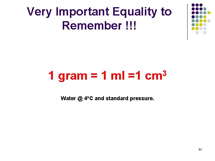 Very Important Equality to Remember !!! 1 gram = 1 ml =1 cm 3