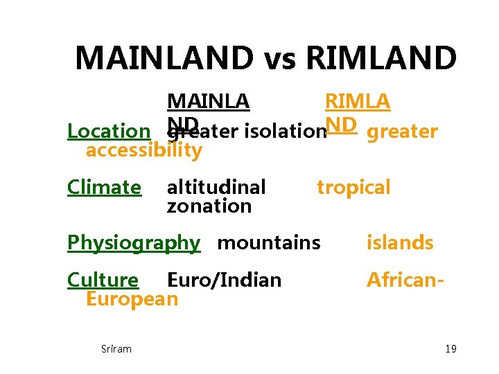 MAINLAND vs RIMLAND MAINLA RIMLA Location ND greater isolation. ND greater accessibility Climate altitudinal MAINLAND vs RIMLAND MAINLA RIMLA Location ND greater isolation. ND greater accessibility Climate altitudinal
