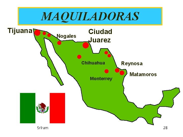 MAQUILADORAS Tijuana Nogales Ciudad Juarez Chihuahua Monterrey Sriram Reynosa Matamoros 28 MAQUILADORAS Tijuana Nogales Ciudad Juarez Chihuahua Monterrey Sriram Reynosa Matamoros 28